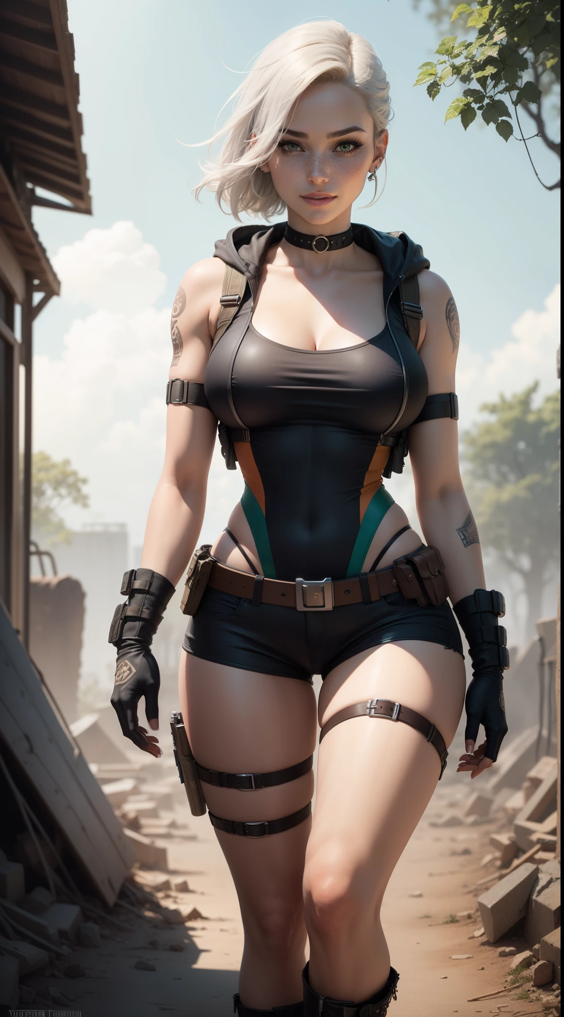 gwen tennyson,yorha 2b,lara croft,jill valentine,overwatch,tomb raider,close up,amazonian jungle ruins,tattoos,brown and orange plugsuit,white short sleeve military leotard,sleeveless military hoodie,brown cargo micro shorts,military harness,long punk hair,punk makeup,green eyes,multicolored silver hair,military gloves,sexy smile,freckles,beautiful girl,tall military boots,large breasts,8k,ultra detailed, realistic,fantasy art,military uniform, hair pin,ear piercings,aztec head and neck jewelry,(weather:windy),1girl,