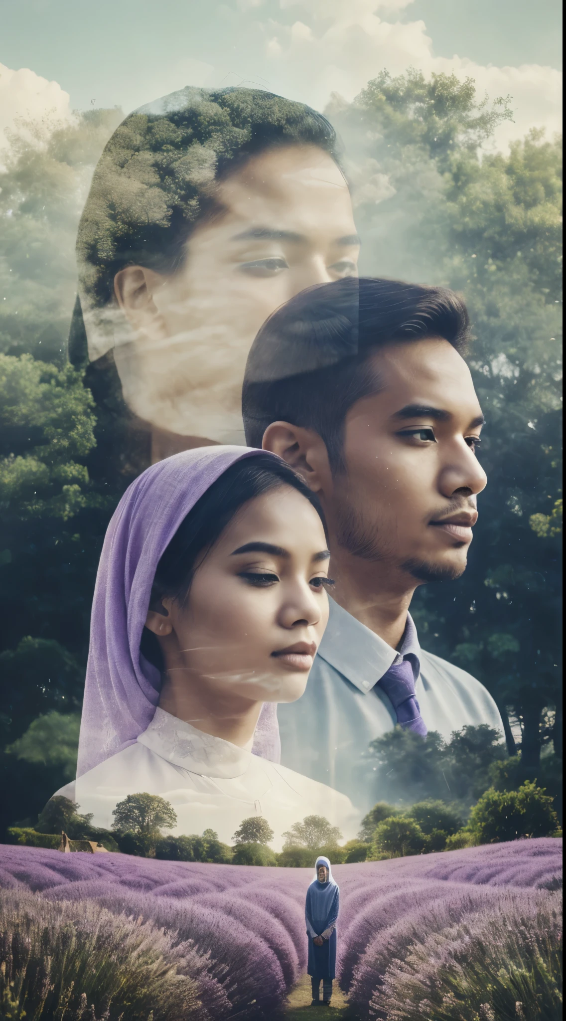 Combine a portrait of a Malay man and Mira filzah actress Malaysia malay girl in hijab with a serene natural lavender landscape, creating a harmonious double exposure effect, double exposure drama poster style,
