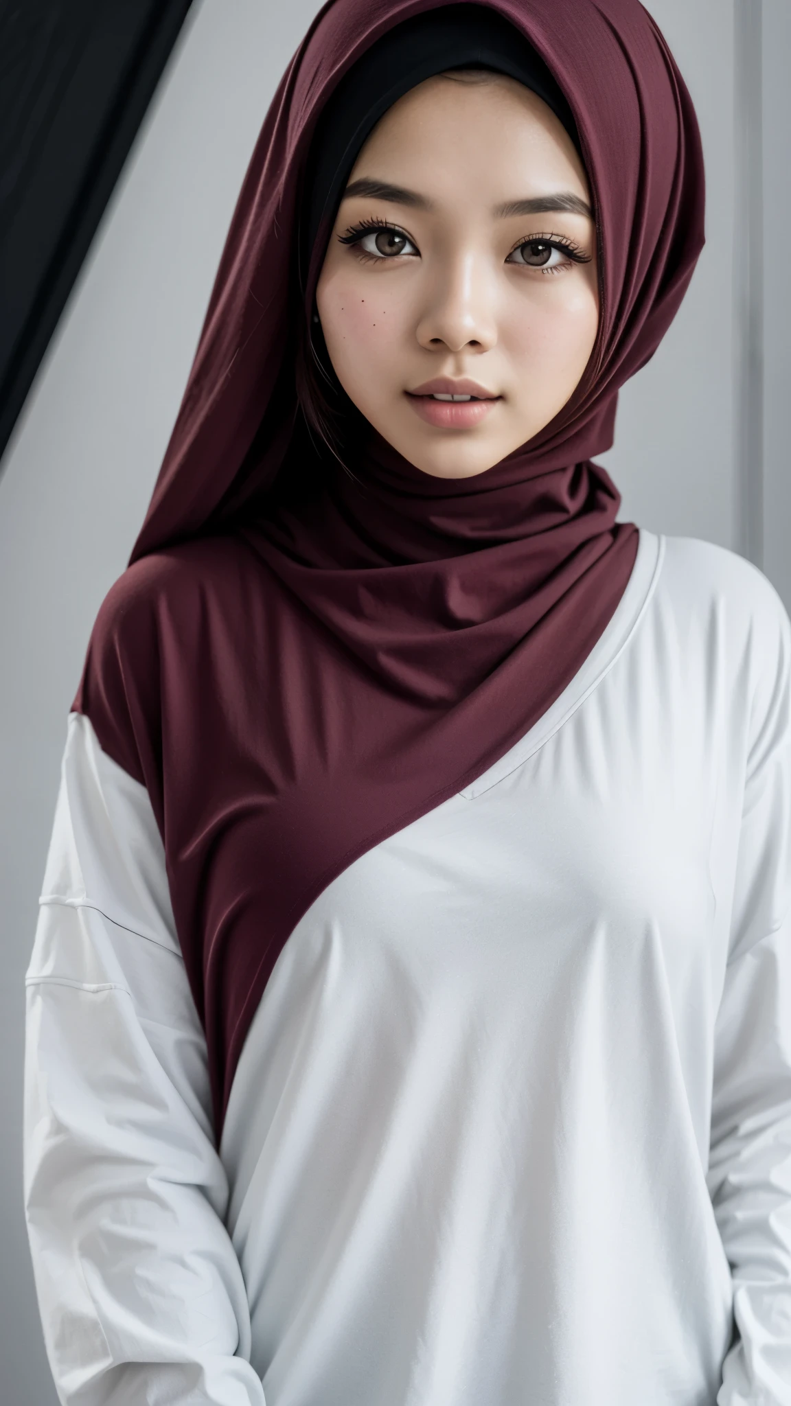 1 malay women in dark red hijab wearing big oversized long sleeve white Tshirt and a dark red cargo pants in a photography studio, cute pose, 8mm lens, close-up, pastel color grading, depth of field cinematography effect, film noir genre, 8k resolution, high quality, ultra detail,