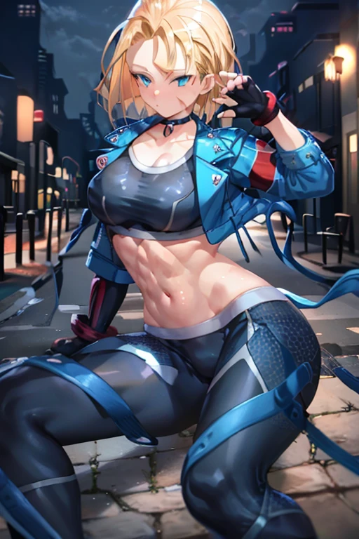 masterpiece, highest quality, High resolution, 1 girl, cammy white, short hair, antenna hair, blue eyes, cheek scar, black choker, clavicle, blue jacket, cropped jacket, open jacket, play sports often, abdomen, fingerless gloves, black gloves, black pants, sitting, On the street at night,Tight,筋肉質のabdomen