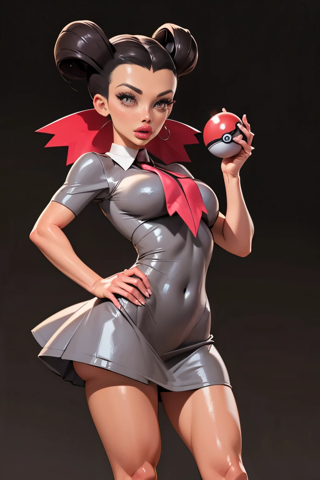 Generate an illustration of a mature Roxanne, gym leader of pokemon , (gray dress), hd, holding a pokeball  all,  (aletta ocean face), de terno preto, pink ascot, (twin ponytails),  long black hair, twin ponytail, shiny hair, (small breasts:1.2), outfit in anime format with a serious style, boots, make up, masterpiece, dark lighting, black background, puffy lips,(slendered abs), beautiful face,