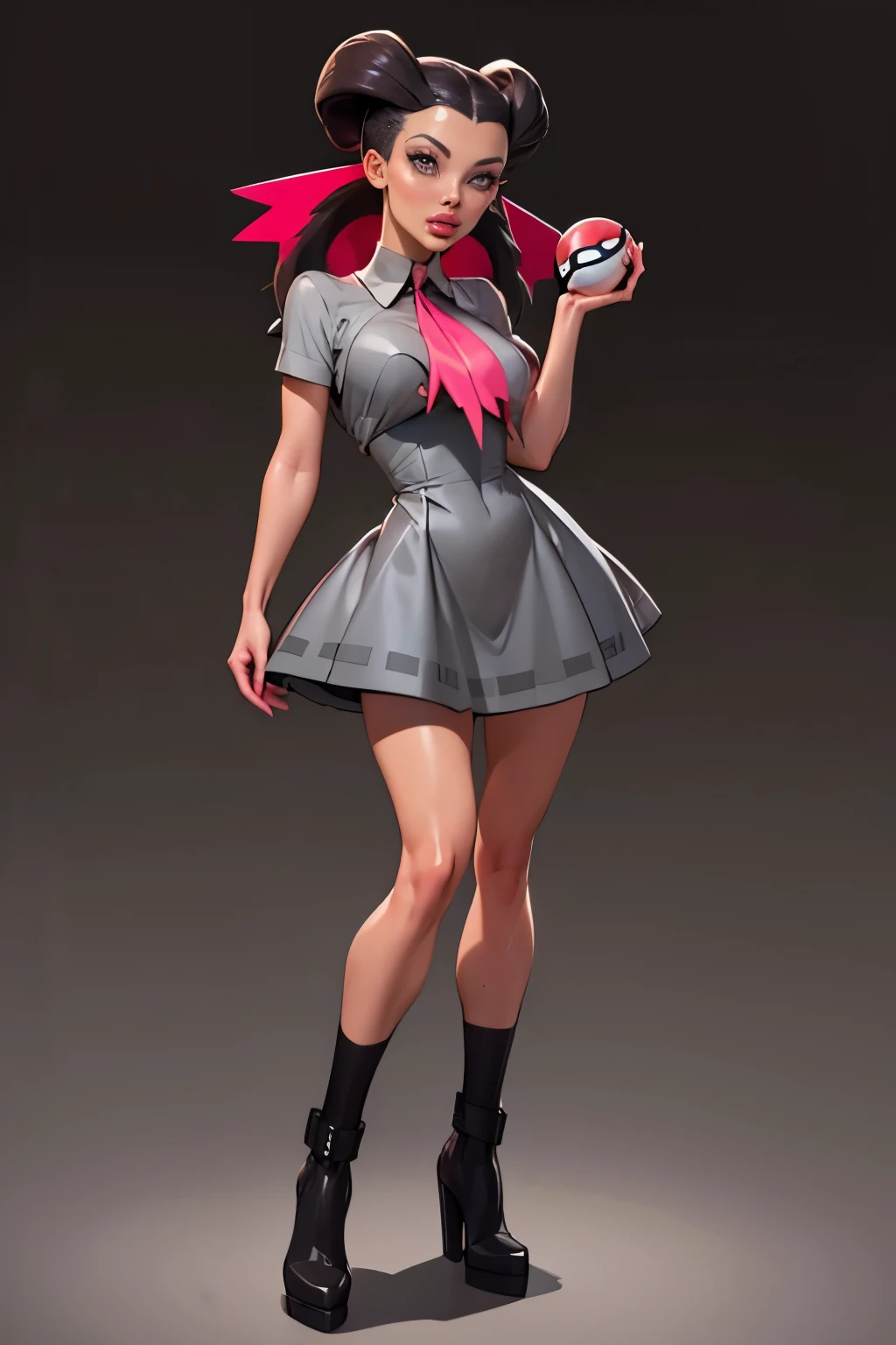 Generate an illustration of a mature Roxanne, gym leader of pokemon , (gray dress), hd, holding a pokeball  all,  (aletta ocean face), de terno preto, pink ascot, (twin ponytails),  long black hair, twin ponytail, shiny hair, (small breasts:1.2), outfit in anime format with a serious style, boots, make up, masterpiece, dark lighting, black background, puffy lips,(slendered abs), beautiful face,