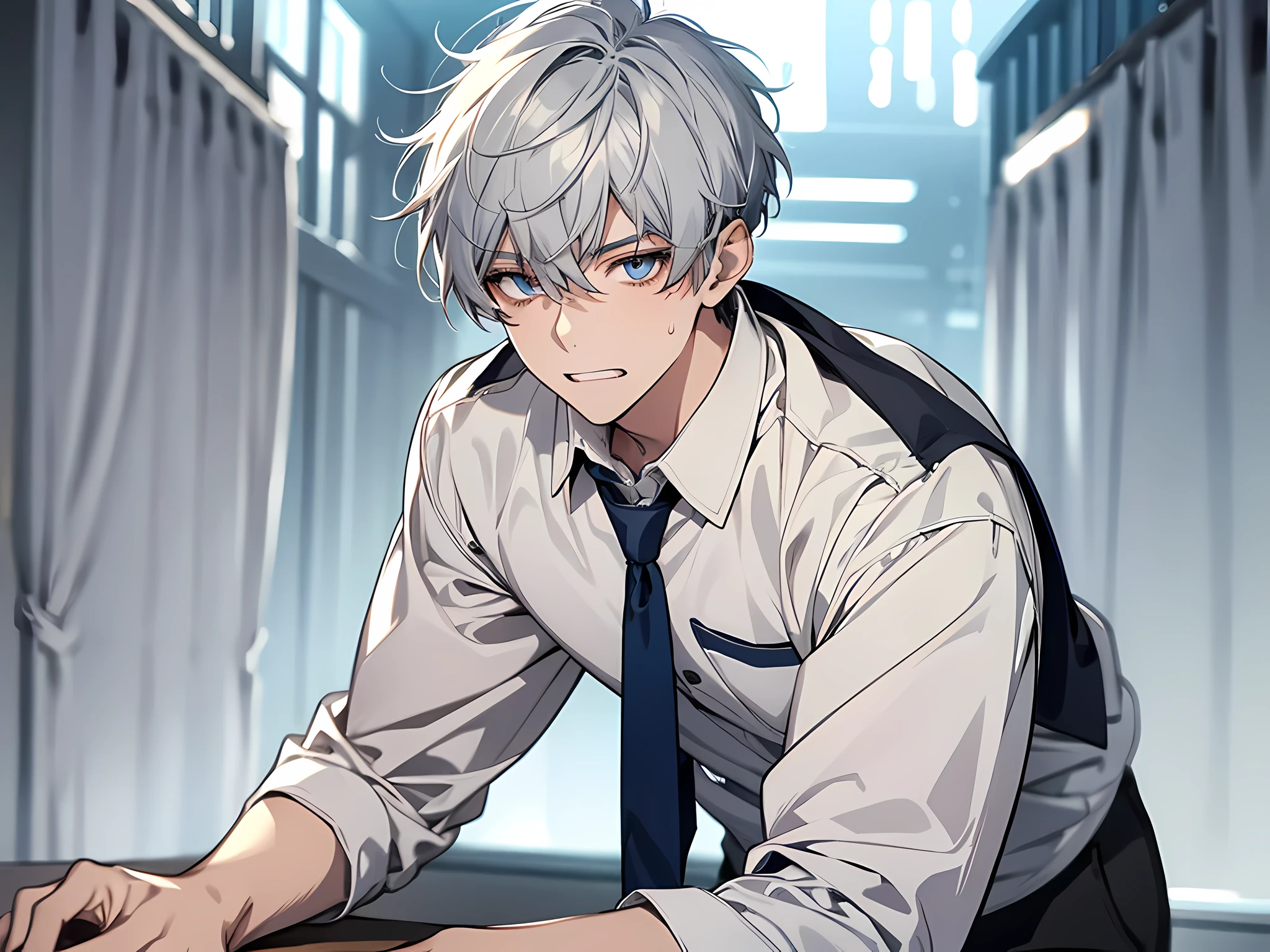 ****ung man, grey hair, short hair, blue eyes color, wearing white school shirt, showing teeth, sweating, detailed eyes, the background is school, full body illustration
