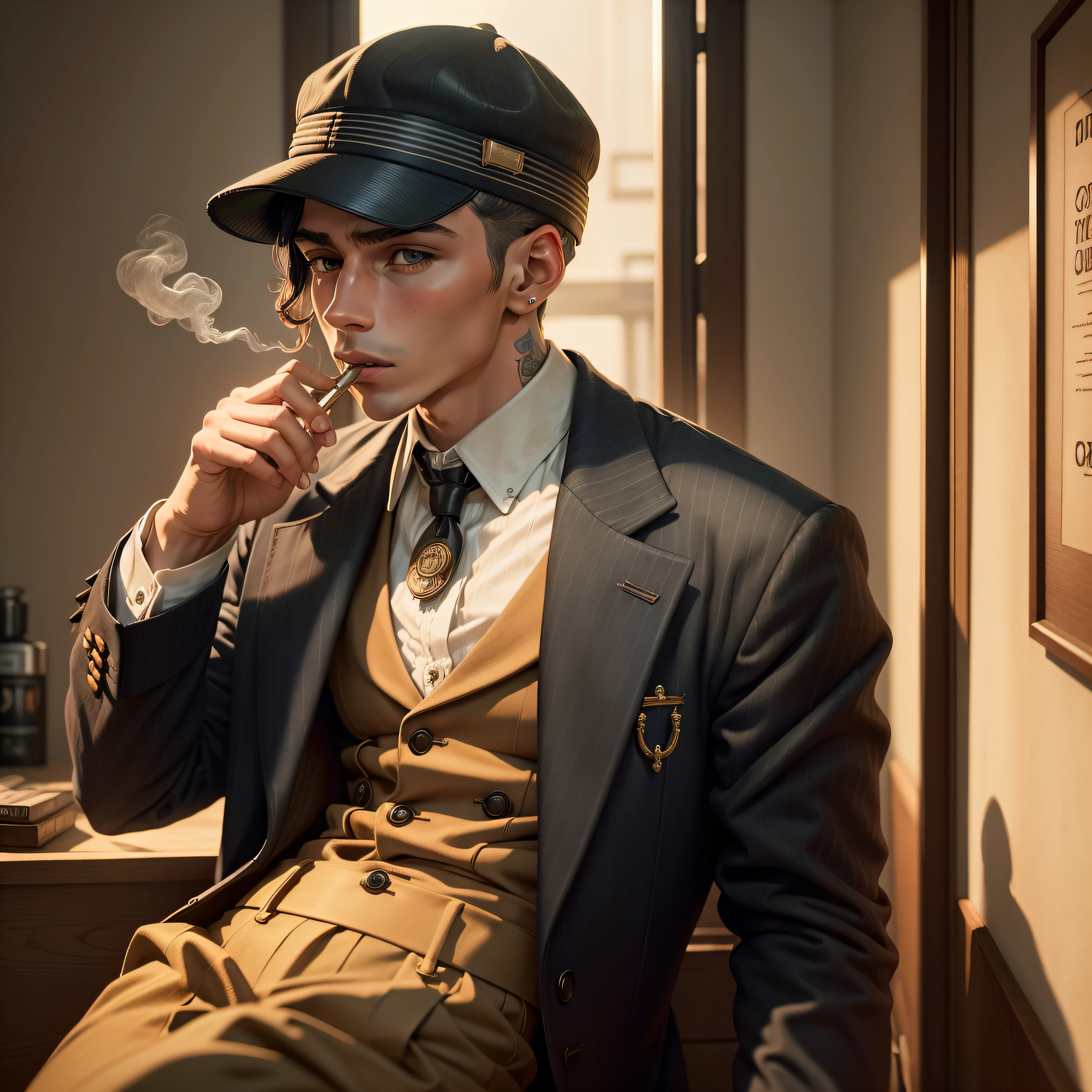 um garoto no quarto stilo lofi, peaky blinder boy, roupas colete gravata boina, cigarro na boca desenho art