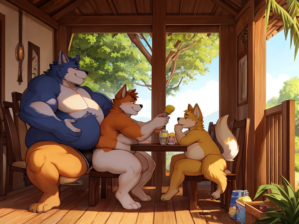 {Side view} {High Quality} {HD} {Detailed eyes} a family of furry, [Older Sister], [Medium Brother], [Little brother], in a house indulging with food [Older Sister: canine, female, long messy air, anthro, (morbity obesity:1.4), big paws, massive thighs, huge hips, huge breast, fat legs, fat booty, fat belly, round belly, stuffed, sitting, eating], [Medium Brother: canine, male, anthro, short messy air, fat, (morbity obesity:1.4) fat legs, fat belly, sitting, eating] [Little brother: canine, tiny estature, male, anthro, chubby, fat belly, round belly, sitting, rubbing belly] looking each other, barefoot, underwear, size difference, size play, sitting on the floor, (three Siblings), (2 boys, 1 girl), bigger female