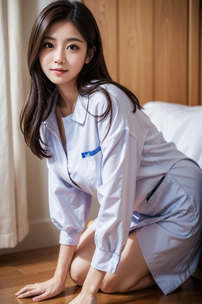 ((Best quality, 8k, Masterpiece :1.3)), 1girl, hospital, round face, Pretty woman, Long Hair,Half Smile,nurse, nurse cap,Ultra-detailed face,Leaning Forward, cute eyes, Double eyelid,Full Body Shot