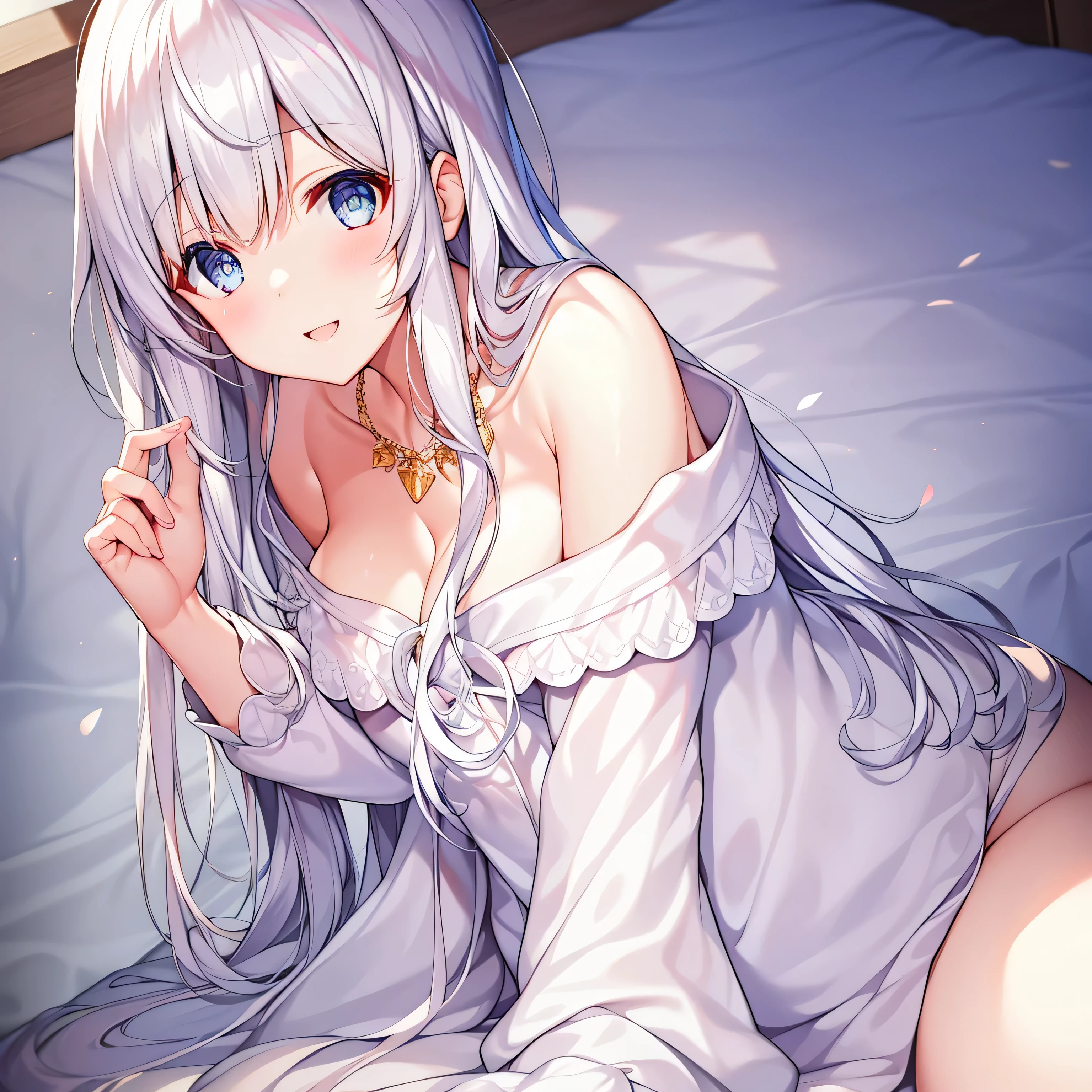 detailed, dense, masterpiece, a girl, Beautiful big breasts, Wearing a white cardigan, Everlasting,Stand by the bed,There were blankets, white hair, , Light滑的皮肤, 发Light的皮肤, 发Light的头发, clear eyes, 发Light的眼睛,blue eyes, pale pink lips, (The audience looks down: 0. 8) Smile, cheeks dyed red, very shy, open mouth, through bangs, white sleeves, white coat, a girl, soft skin,good understanding, 发Light的皮肤, Light, 丰富的Light, room Lighting, Simple gold necklace, Diamond necklace, white lace文胸, white lace, white lace内衣, high angle, low angle, (masterpiece: 1.0), (actual: 1.6), (soft focus: 1.5),Black,