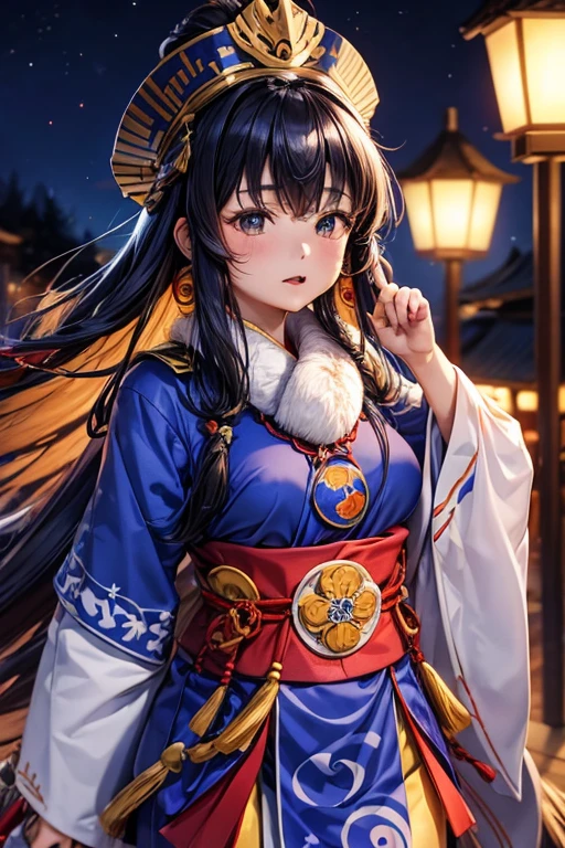 queen of the ainu、28 years old、Ainu pattern clothes、blue and red clothes、Ainu pattern、has a spear、Ainu art、Clean your eyes、Fingers correctly、night view、Ainu hat、Increased detail