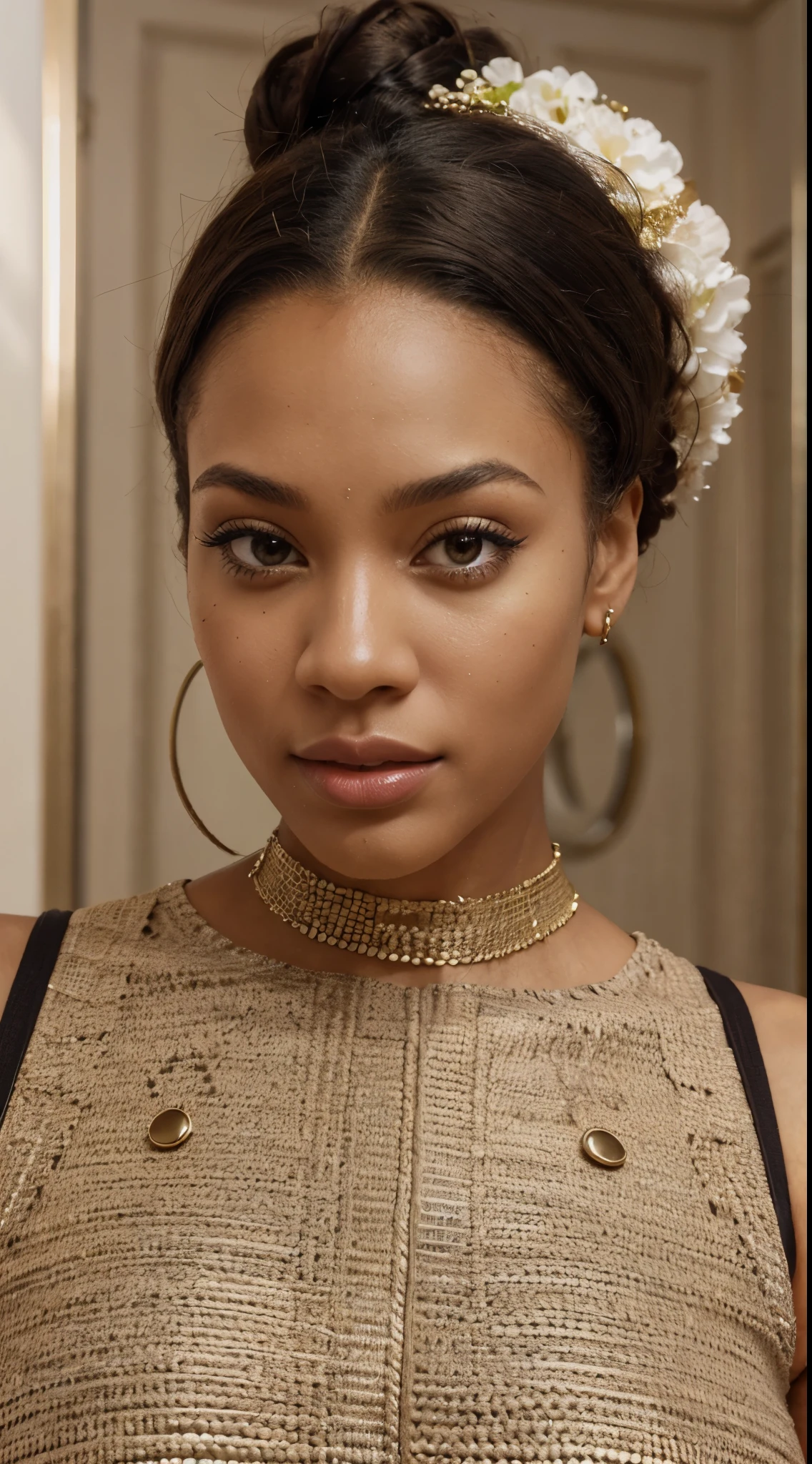 fair light skinned, african, tall (cute 30yo woman), brown eyes, ((nappy hair)),bold and vibrant nappy hairstyle. The nappy hair is the most striking aspect of the image, a clear statement of her individuality and creativity. The style is long and layered, signifying a carefree and unapologetic attitude. Her face is the main focus of the image, with particular emphasis on her lips which are adorned with a stylish lipstick, adding to her overall glamorous look. eyebrows to her eyelashes and her chin is clearly visible, enhancing the detailed expression on her face. She's also wearing clothing, blends seamlessly with her overall look. The background of the image is in muted shades of grey at the airport of montreal. indoors, providing a neutral setting that doesn't detract from the main subject. Overall, this image portrays a confident woman who isn't afraid to express her individuality and style., kiss, beautiful, no imperfections ((very detailed)), (perfectly detailed face), (well detailed hands), pores skin, sweet skin, photorealistic image, instagram photo, RAW photo, 8k, film grain.