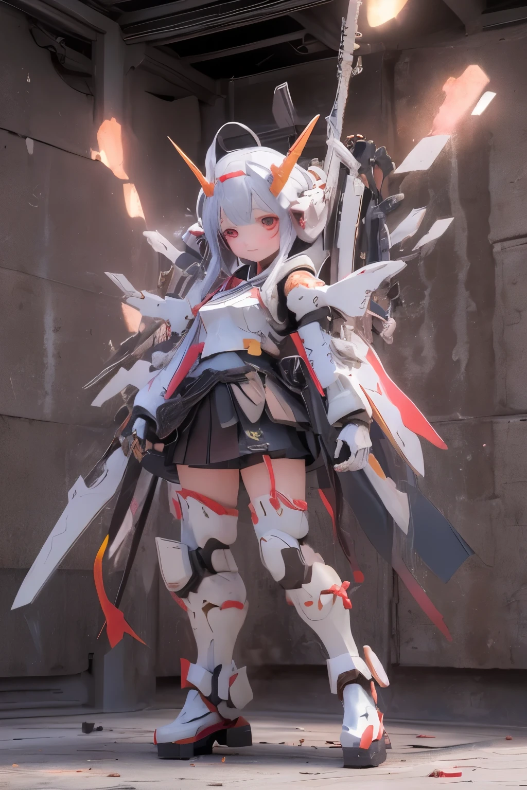 (highest quality)), ((masterpiece)), (very detailed: 1.3), 3D, {(japanese young girl)}, white theme, (ware a scarlet hakama:1.1), wear shrine maiden anime costume, (She is fused with futuristic Gundam mecha:1.4),   with headgear, with v-fin , armored shoulders,armored under arms, armored legs, (holding a Japanese sword in the right hand:1.2), multilayer textureperfect proportions, octane rendering, duotone lighting, Low ISO, wide aperture, White balance, Rule of thirds, ultra HD16k, HDR (High Dynamic Range), Ray Tracing, NVIDIA RTX, Super Resolution, Subsurface Scattering, PBR Texturing, Post Processing, Anisotropic Filtering, Depth of Field, Maximum Clarity and Clarity, High efficiency subpixel, subpixel convolution, particles of light, light scattered, Tyndall effect, full body:1.5, battle pose, cute, (cute:1.2), (bob cut:1.3),三つ編み, 黒髪, 太い眉毛, 薄い色の虹彩, 大きくて輝いている黒い瞳, 長いまつげ, 小さく薄い色の自然な唇, (Average face of Japanese idols), (日本人特有の童顔:1.3), (baby face), 広いおでこ:1.2, ふっくらした頬, 小さな顎, visible side boob, broken streets, Broken City,looking at viewer,Focus on the eyes, (完璧な4本の指, 親指1本),