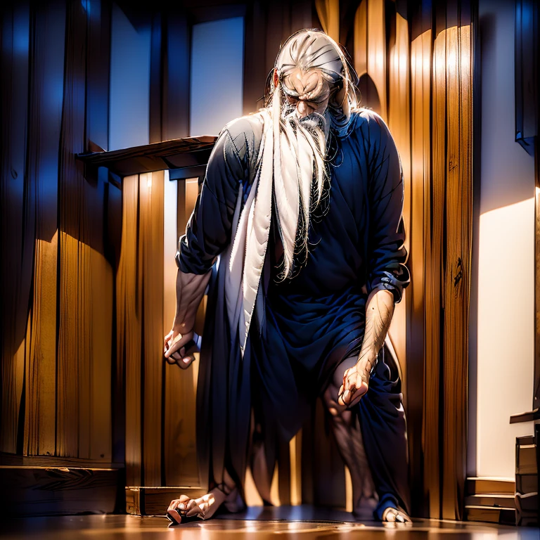Antique old man，Long beard，standing in a dark，squinting，anger