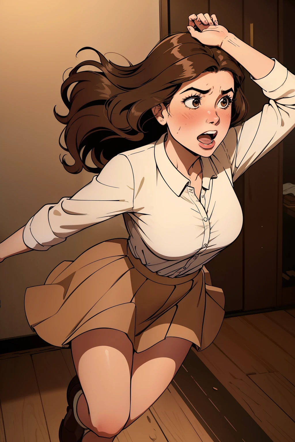 A clumsy woman, with an embarrassed expression crossing her face, is seen gracefully falling to the floor. Her arms windmill in the air as she tries to regain her balance, but to no avail. Her long, curly brown hair cascades around her as she lands with a soft thud. Her outfit, consisting of a simple blouse and skirt, is rumpled slightly from her calamitous fall. With a blush and a giggle, she picks herself up, dusts herself off, and continues on her way, leaving a trail of charm and clumsiness in her wake.