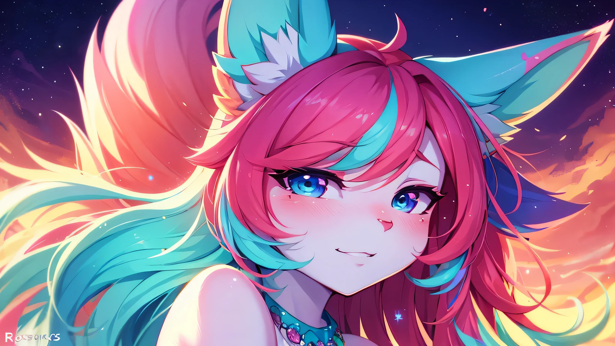 Close-up of a woman with colorful hair and necklace, Cat Cat Girl, The soft vibrancy of Rossdraws, Gouves style artwork, fantasy art style, colorful], Vibrant fantasy style, Rossdraws comics are full of energy, cosmic and colorful, guweiz, colorful digital fantasy art, Stunning art style, Beautiful anime style, White skin, Beautifully