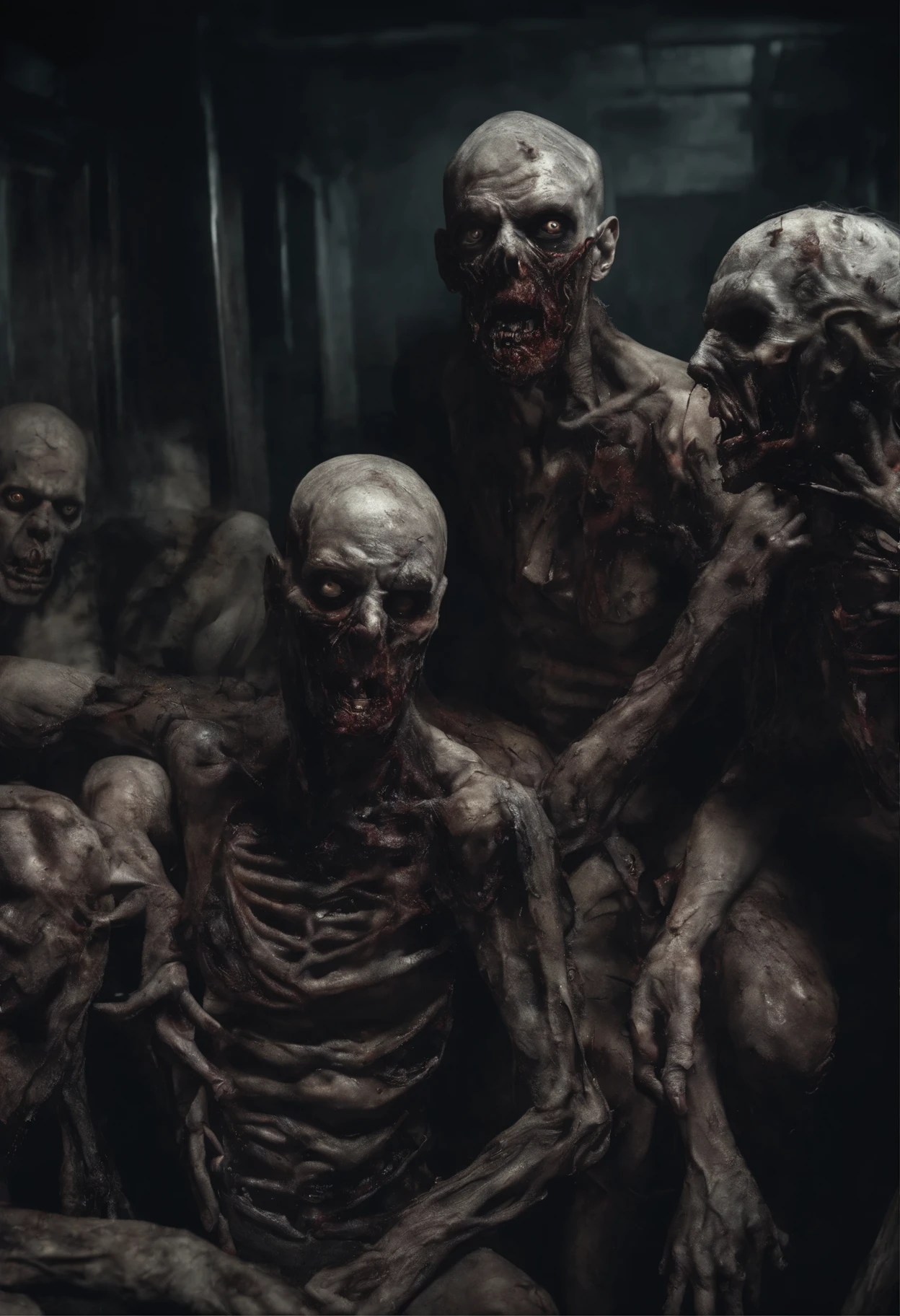 4 zombies, exposed ribs, dirty, decaying, fallen rotten skin, hollow deep sunken eye sockets, rips in skin, ripped skin, in the supermarket, sitting on floor, creepy, horror, horror movie, eerie, unsettling, night, nightmare, unnerving, night time, midnight, 8k resolution, high definition, defined faces, Ultra hdr rich tones, professional photograph resolution, titled, tilt shift
