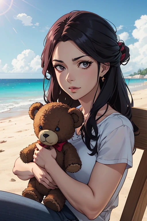 There's a woman holding a teddy bear on the beach, Retrato realista kawaii, Linda garota de anime, visual de anime de uma linda garota, arte cg de anime suave, obras de arte no estilo de guweiz, portrait of Linda garota de anime, retrato fofo, lindo retrato de anime, linda garota de anime, Linda garota de anime portrait, estilo anime 3 d realista