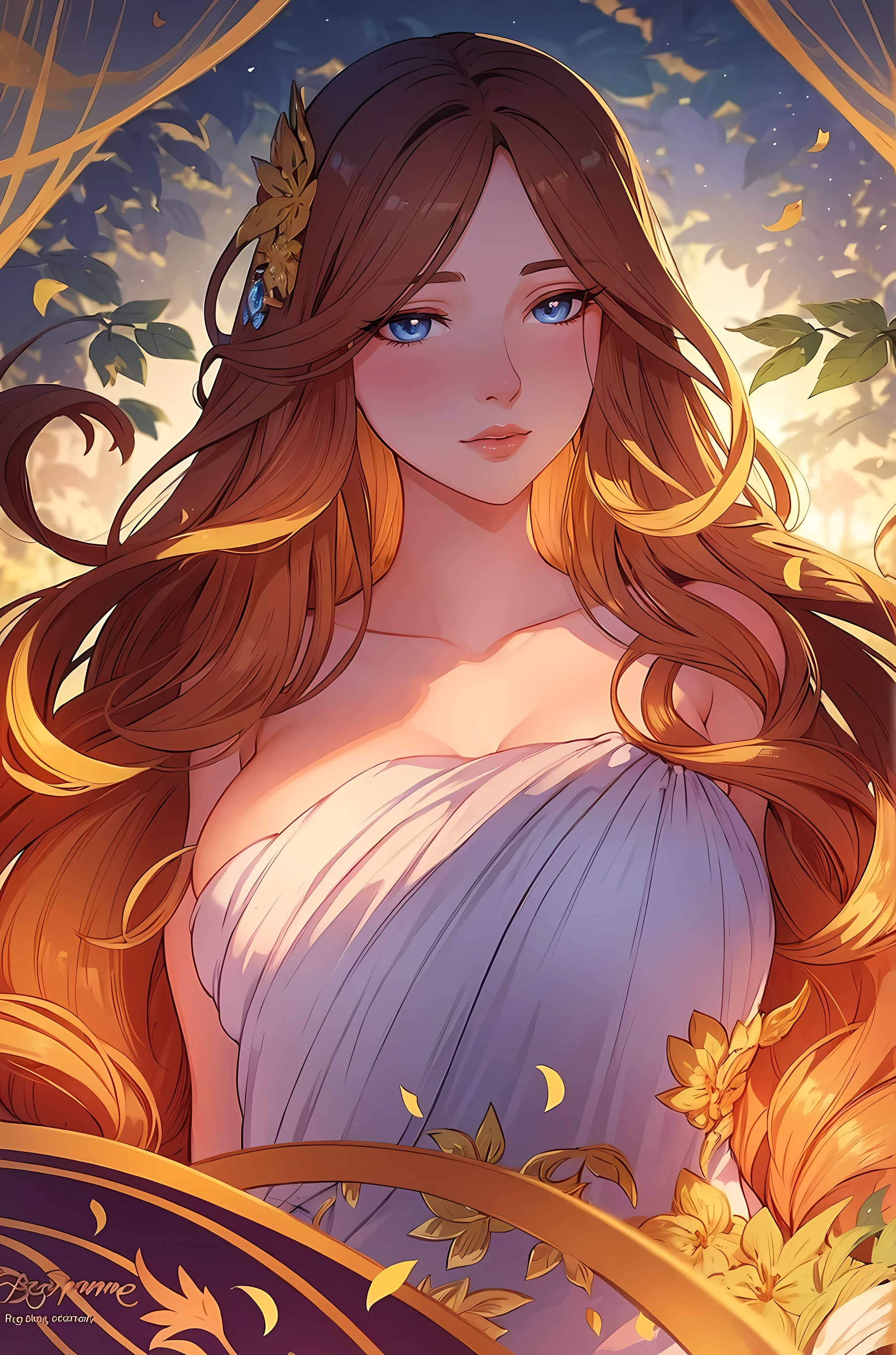 beautiful detailed eyes, beautiful detailed lips, long flowing hair, serene expression, elegant posture, surrounded by vibrant flowers in a blooming garden, golden sunlight streaming through the leaves, soft and warm color tones, capturing the tranquility and beauty of nature, evoking a sense of peace and happiness. [feminine beauty], [romantic atmosphere], [dream-like], [serene scene]