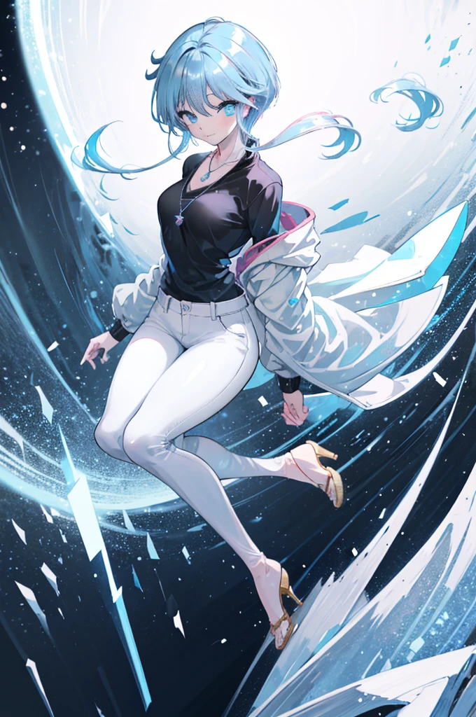  Yukime,Yukime　Nu～B～, 1 girl, alone, light blue hair,short hair,light blue eyes,black long coat,White V-neck sweater,necklace,skinny pants,stiletto heels,blush,smile,city,winter,that&#39;that&#39;that&#39;It&#39;s snowing,(masterpiece:1.2), highest quality, High resolution, unity 8k wallpaper, (shape:0.8), (beautiful and detailed eyes:1.6), highly detailed face,highly detailed eyes, highly detailed hands,highly detailed fingers,Highly detailed feet,perfect lighting, Very detailed CG, (perfect hands, perfect anatomy),