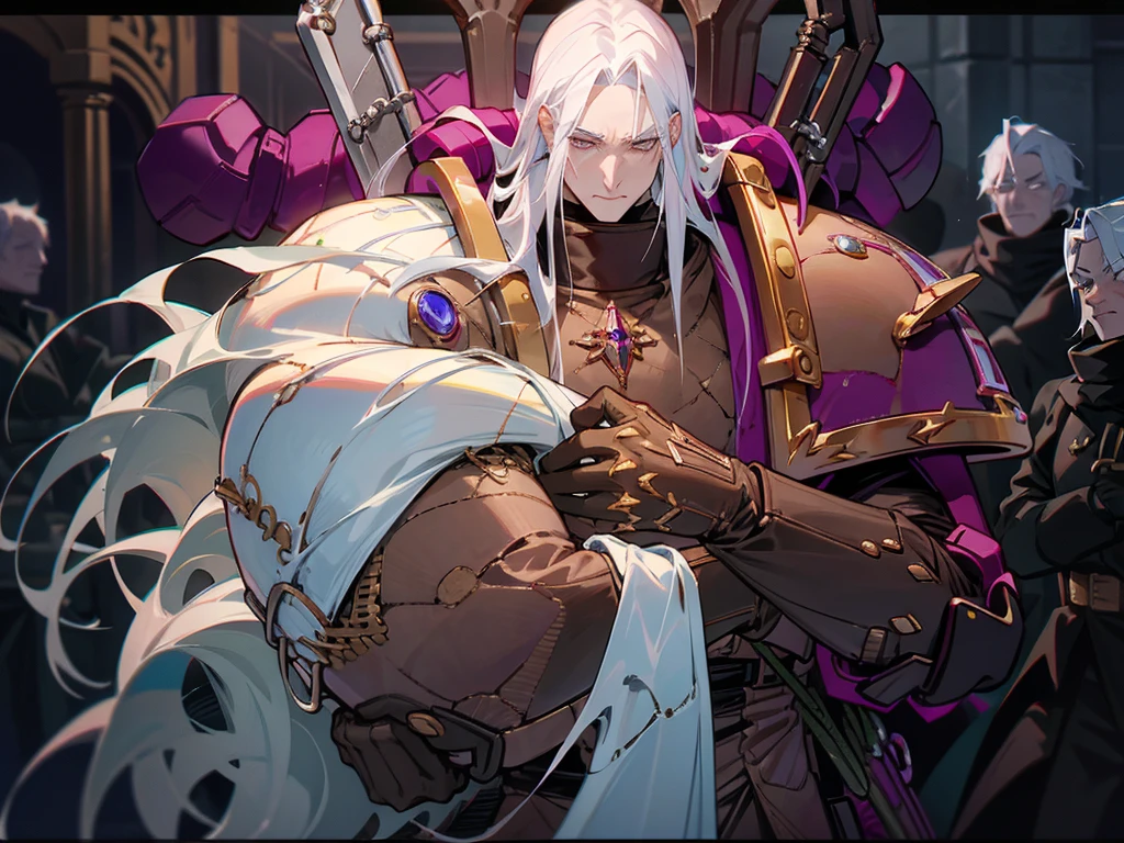 Fabius Bile wears his white hair bound in a long scalp-lock, which only serves to render his already gaunt . His eyes are black, having changed to match those of his Daemon Primarch, Fulgrim. Bile wears a floor-length coat of flayed Human skin, taken from the bodies of the dead on Isstvan V. Here and there, it is possible to recognise the features of a face, a mouth stretched in an endless scream of agony or eyes wide with horror at the sight of the skinner's knife. Fabius also favours a belt of knotted sinew pierced through with metal loops, from which hang the tools of the Excruciator's art. These include hooks, blades, spikes, pliers and barbs glittering with the promise of excruciating and exquisite pain.