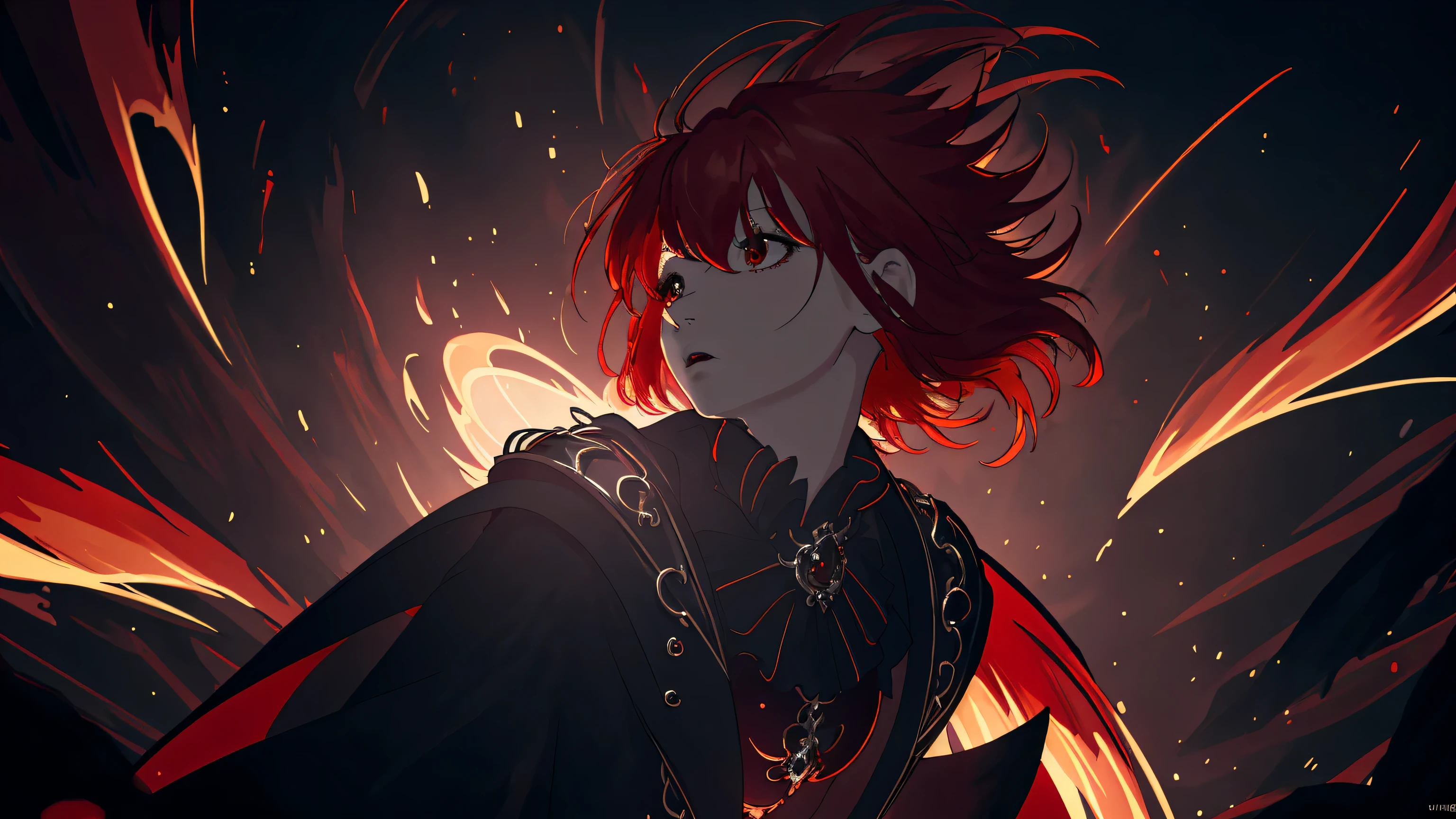 8K resolution，best quality，Super clear details，goth style，Red hair，epic work，light and dark，masterpiece，grace，Fairy temperament，Shock，high contrast