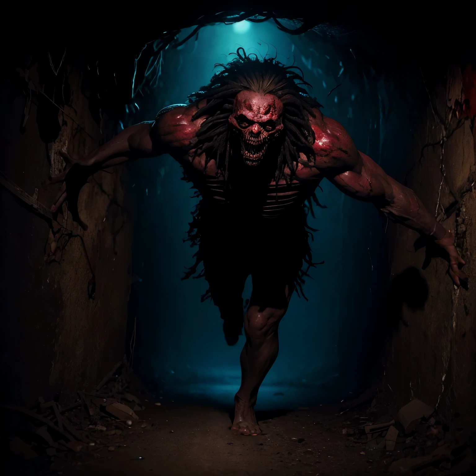horror art, dread, Best quality, masterpiece, ultra high res, (photorealistic:1.4), Action shot of terrifying human entity chasing after the viewer, dynamic running, in a decrepit underground tunnel in Hell, creepy, unnerving, unsettling, terrifying, 80mm, horror lighting, dynamic action