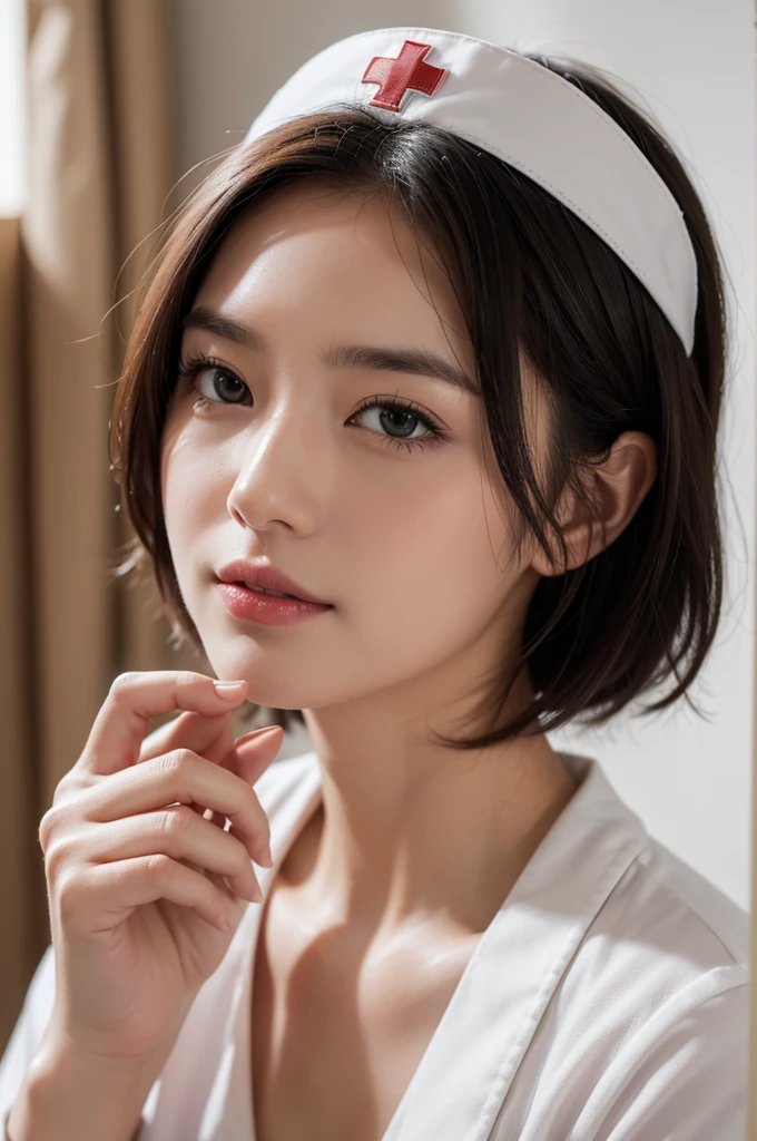 ((Best quality, 8k, Masterpiece :1.3)), 1girl, hospital, round face, Pretty woman, Super Short Hair,Full Body Shot,Half Smile,nurse, nurse cap,Ultra-detailed face,Leaning Forward, cute eyes, Double eyelid,Put Index Finger on Mouth