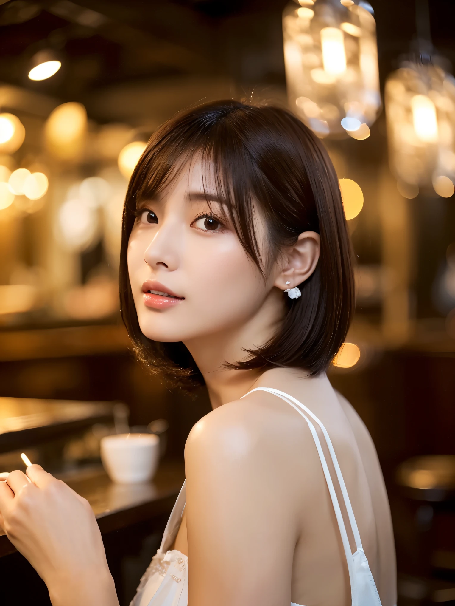 (ultra high resolution:1.5)(Super detailed:1.3) (super high quality) (super high quality:1.5) (realistic pictures:1.3) japanese woman　21 years old　((Detailed and beautiful facial features:1.3)) ((realistic skin texture:1.say exactly, high quality eye:1.3)) ((The beauty of detailed and high-quality ears:1.3)) ((Beautiful skin that is very fair and transparent:1.3)) ((Beautifully groomed straight short bob hair:1.3))complete body　beautiful proportions　(Trendy fashion using thin fabrics) (No sleeve) The background is the inside of a cafe at dusk.......　beautiful depiction, Luxurious and stylish interior　((happy viewers'eye)) wet half-open lips　 big breasts　I don't know　((cute)) (stunning high resolution images) girls are very interested in men'body of　視聴者eye線　
