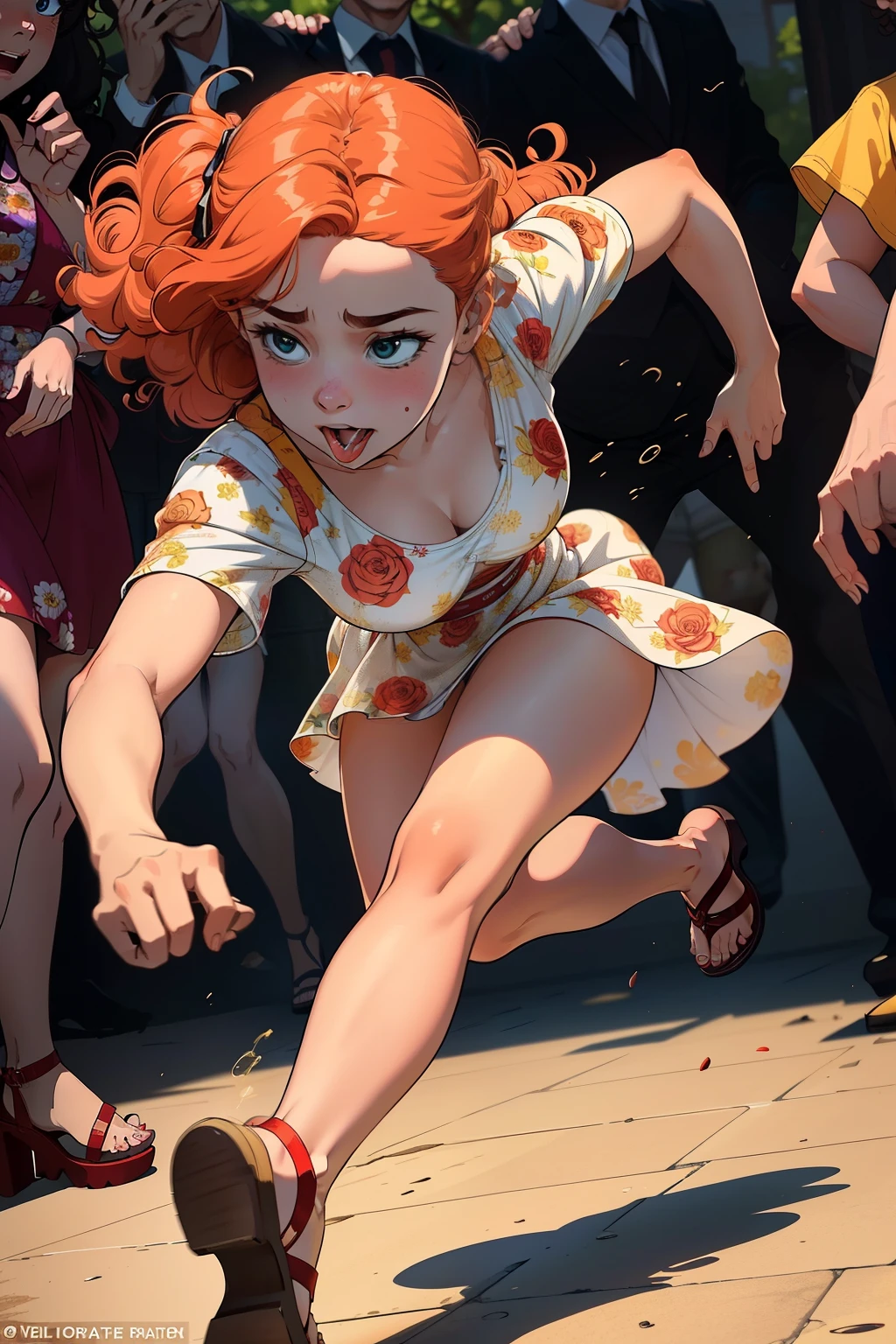 A woman in a floral dress, with rosy cheeks and unruly curls, triples over in a completely clumsy manner as she drops to the floor. Her eyes widen in surprise, and her mouth forms an "O" of shock as she reaches out a hand to attempt to break her fall. Her red sandals have come untied, and one of them flies off in the chaos. The scene unfolds in a light-hearted and playful way, with bystanders looking on in amusement at the woman's graceful yet clumsy stumble. The colors are bright and cheerful, adding to the carefree and light-hearted tone.