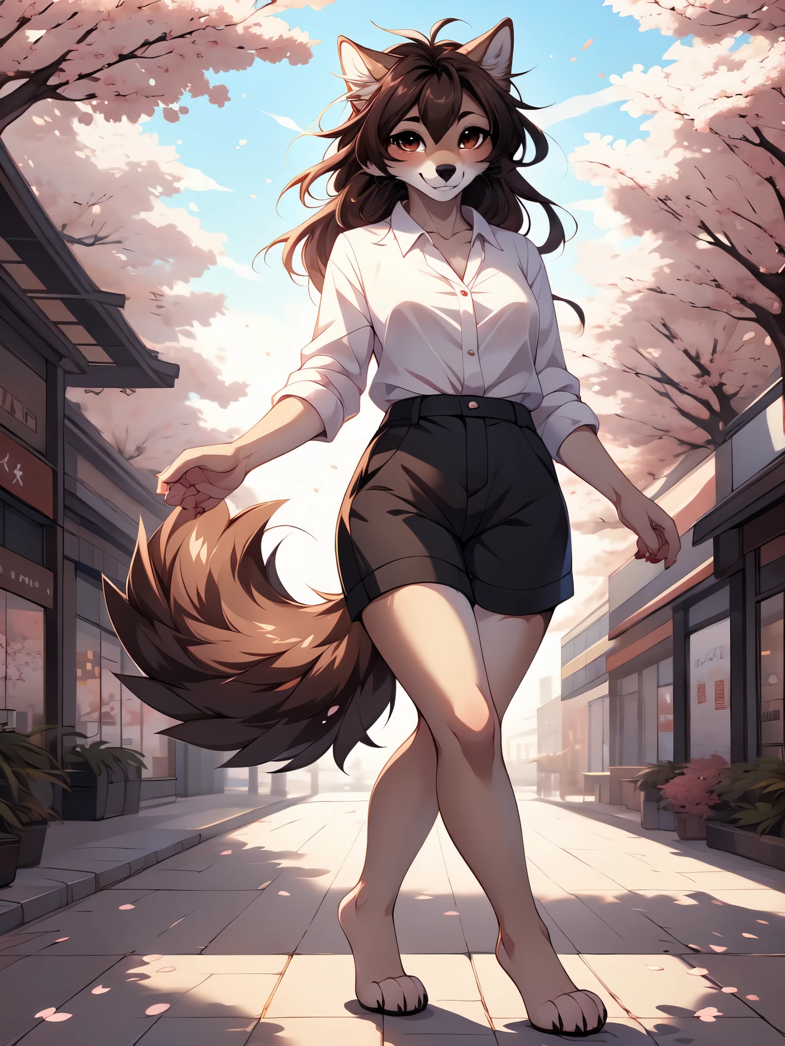 by fumiko, by hyattlen, by hioshiru, jaiden, brown wolf, female, feminine, small breasts, wolf ears, a single brown wolf tail, brown eyes, long brown hair, cute snout, black nose, grinning, perfect canine teeth smile, wearing white blouse, black shorts, barefoot, 4 toes, in a strip mall, cherry blossom park, elegant pose, walking towards viewer