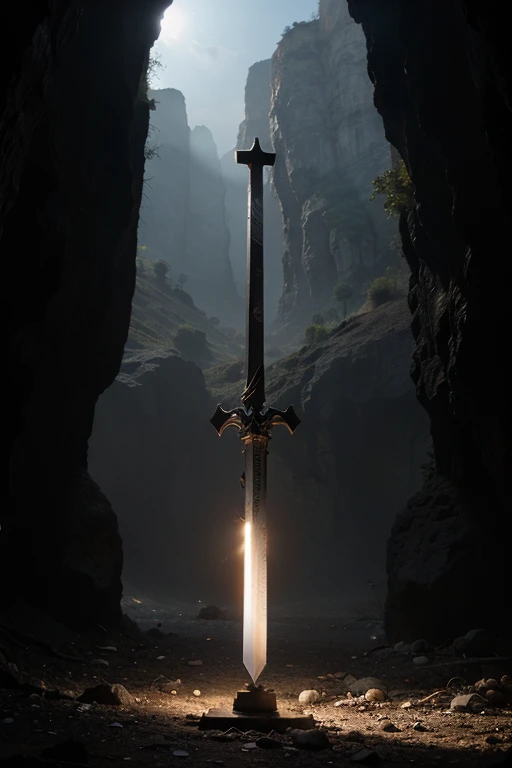 altar in a cave, a sword made of shimmering scarlet ore floating in the air, broken in half, surrounded by haze