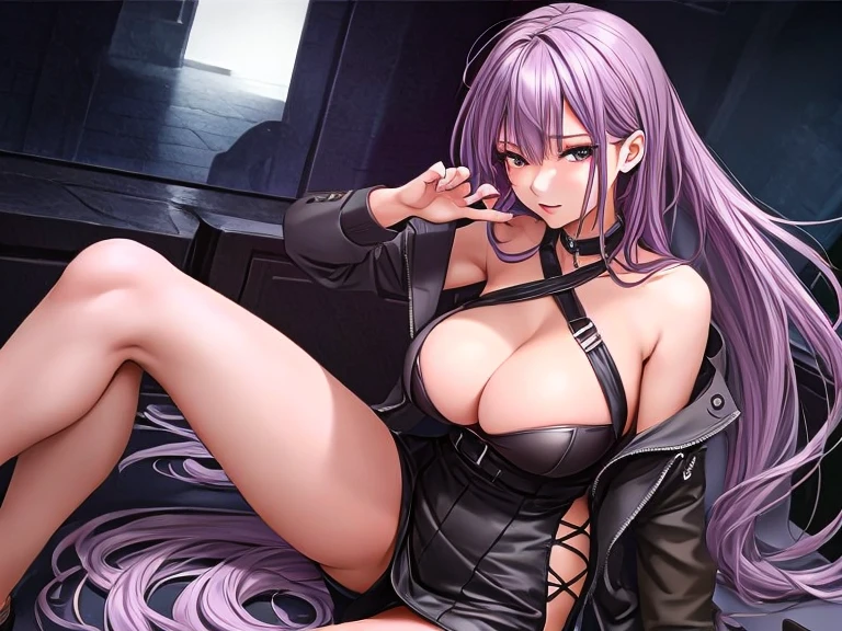 A beautiful adult woman with shoulder-length long light purple hair, big breasts, beautiful legs, and a sharp face is standing in a black miniskirt and a tube top under a suit.。