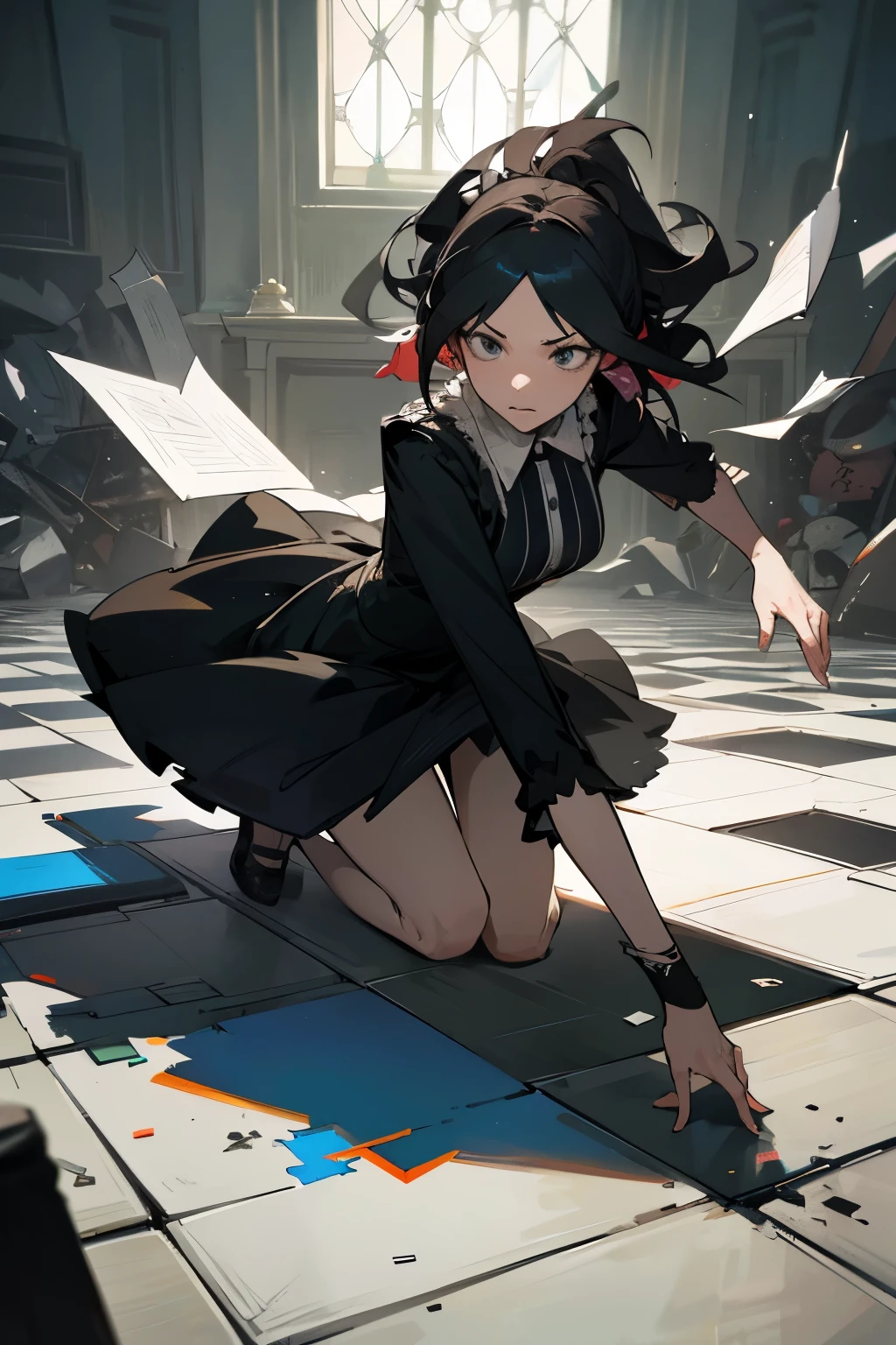 Woman falling to the floor in a completely clumsy manner, illustrated in a detailed character drawing. her facial expressions depicted the surprise and embarrassment, with messy hair and facial features messed up. The woman wore a flowy dress, adding to the disarray of the scene as scattered objects dotted the floor around her. A broken vase lay nearby, shattered pieces forming an unwelcome contrast to the once elegant room. her unbalanced posture was comically shown, with exaggerated body language and a funny and awkward face. High resolution and ultra-detailed, this illustration boasted realistic colors and natural lighting that brought the chaos to life.