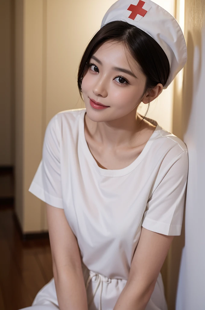 ((Best quality, 8k, Masterpiece :1.3)), 1girl, hospital, round face, Pretty woman, Super Short Hair,Full Body Shot,Half Smile,nurse, nurse cap,Ultra-detailed face,Leaning Forward, cute eyes, Double eyelid