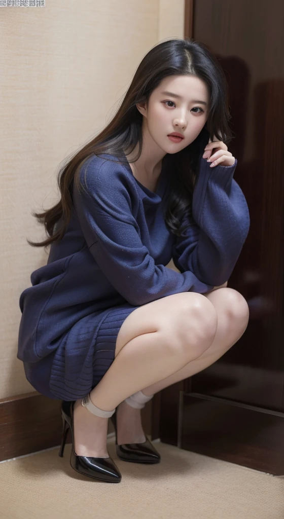 (Liu Yifei)、((Luzes Realistas、best quality、8K、masterpiece:1.3))、clear focus:1.2、1 sister、perfect beauty:1.4、slim abs:1.1 huge busty:1.3)),(Wearing only a loose sweater),巨大的乳房,暴露的毛衣,High heel,Squatting in the corner of the room,city,Hold head with hands,Unlimited favor,A well-behaved and obedient sister,Can't refuse,Full body view