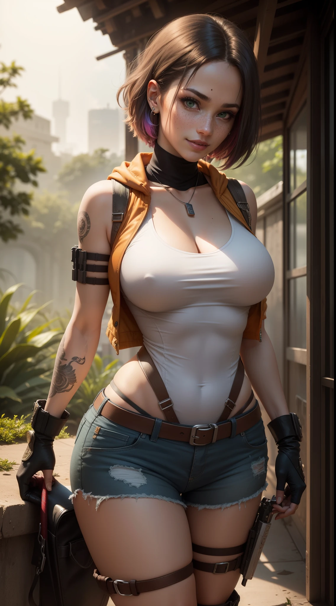 gwen tennyson,yorha 2b,lara croft,jill valentine,overwatch,tomb raider,close up, amazonian jungle ruins,tattoos,brown and orange plugsuit,white short sleeve military leotard,sleeveless military hoodie,cargo micro shorts,military harness,short punk hair,punk makeup,green eyes,multicolored silver hair, military gloves,sexy smile,freckles,beautiful girl,tall military boots,large breasts,8k,ultra detailed, realistic,fantasy art,military uniform, hair pin,ear piercings,aztec head and neck jewelry,(weather:windy),1girl,hunting knife,