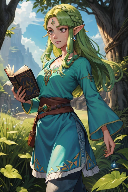 princesa zelda, 1 garota, Pedido do artista, cinto, cabelo loiro, blue camisa, Livro, botas, inexpressivo, corpo todo, olhos verdes, high resolution, olhando para o espectador, Magia, Nintendo, pants, Orelhas pontudas, camisa, cabelo curto, fundo simples, Sozinho, A Lenda de Zelda, A Lenda de Zelda: Nature's Breath, A Lenda de Zelda: Tears of the Kingdom, flor feita de luz, Magia