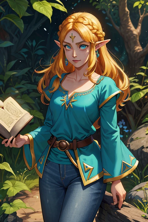 princesa zelda, 1 garota, Pedido do artista, cinto, cabelo loiro, blue camisa, Livro, botas, inexpressivo, corpo todo, olhos verdes, high resolution, olhando para o espectador, Magia, Nintendo, pants, Orelhas pontudas, camisa, cabelo curto, fundo simples, Sozinho, A Lenda de Zelda, A Lenda de Zelda: Nature's Breath, A Lenda de Zelda: Tears of the Kingdom, flor feita de luz, Magia