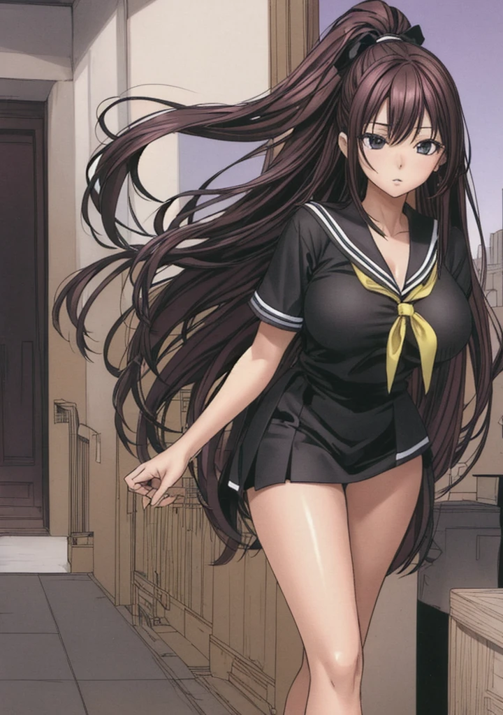 A beautiful woman with long hair, big breasts, and beautiful legs is standing in a school hallway wearing a black sailor suit.。