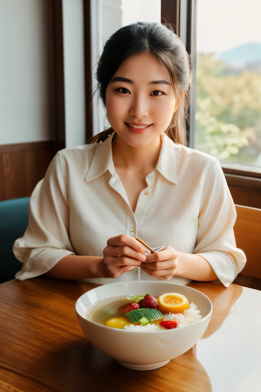 Asian girl, sitting at a table, enjoying a peaceful breakfast, sunlit room, steaming bowl of rice and miso soup, detailed chopsticks and spoon, dewdrops on the windowpane, highly detailed face with expressive features, rosy cheeks, natural makeup, bell-sleeved blouse, comfortable trousers, crocs on her feet, fresh fruits on the table, crisp texture of the fruit, light reflecting off the glass, warm lighting, realistic depiction of the scene.