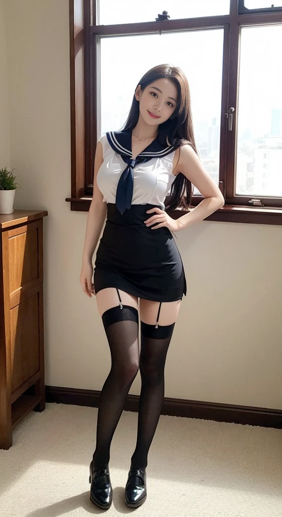 1 girl, Lovely, black haired, ************, Smile, looks very pure, Sailor suit, photography, actual, best quality, Detailed face, whole body, huge ，Expose lower breasts，Elongated waist, Slender legs, long legs, wear stockings, wear shoes，双手放在背后，in the corner of the room，Well-behaved and obedient sister，absolute obedience，Do not dare to disobey，