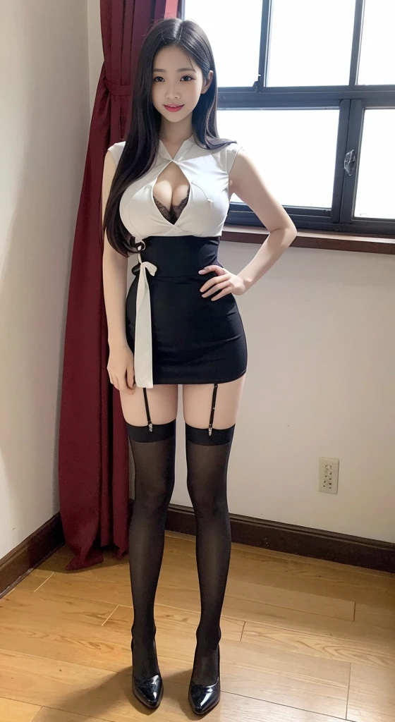 1 girl, Lovely, black haired, 14 years old, Smile, looks very pure, Sailor suit, photography, actual, best quality, Detailed face, whole body, huge ，Expose lower breasts，Elongated waist, Slender legs, long legs, wear stockings, wear shoes，双手放在背后，in the corner of the room，Well-behaved and obedient sister，absolute obedience，Do not dare to disobey，