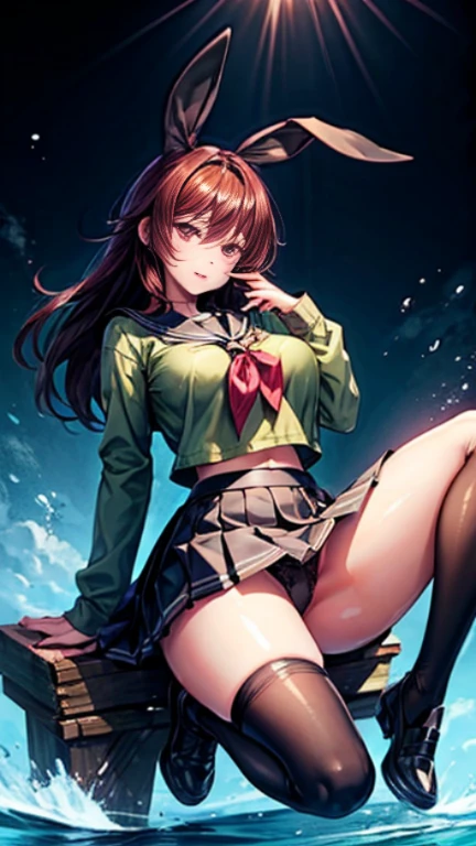 highest quality、one girl，、high school student、full body figure、very big boobs，big ，perfect 5-fingered hands、Shiranui Mizuki、Water City does not know fire、shy face、perfect thing、big breasts、two perfect arms、two perfect legs、detailed description、small details、detailed face、white skin、Voluptuous legs、erotic pose、long hair、 green shirt, serafuku, white neckerchief, long sleeves, pleated skirt, black skirt, black thighhighs, loafers、、uniform、mini skirt、black panties、Black Panties、Skirt flip、lift skirt