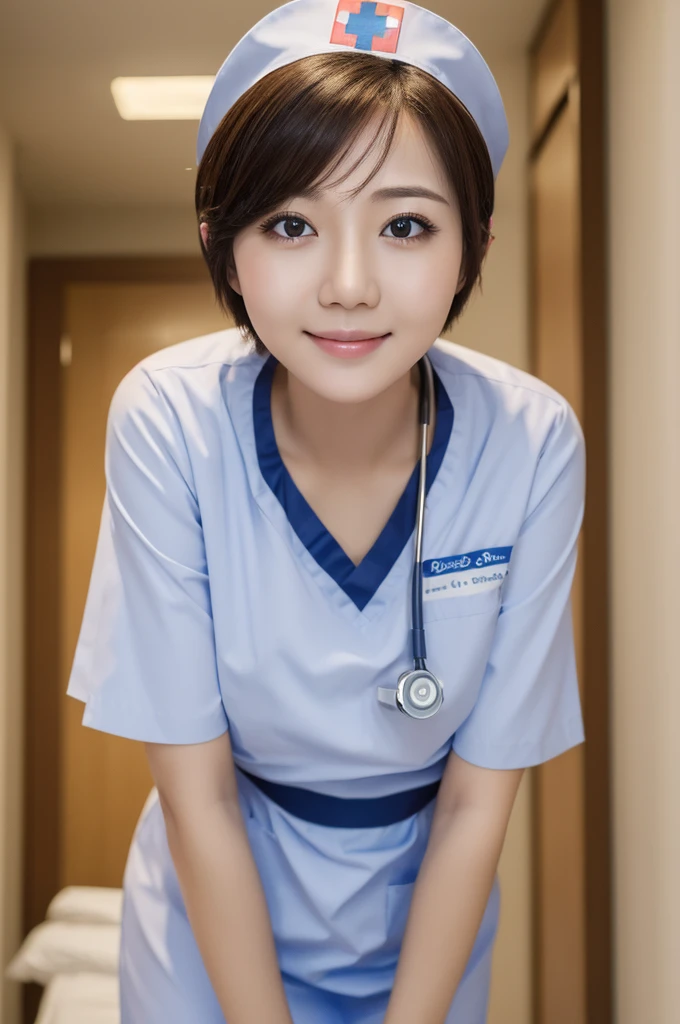 ((Best quality, 8k, Masterpiece :1.3)), 1girl, hospital, round face, Pretty woman, Super Short Hair,Full Body Shot,Half Smile,nurse, nurse cap,Ultra-detailed face,Leaning Forward, cute eyes, Double eyelid