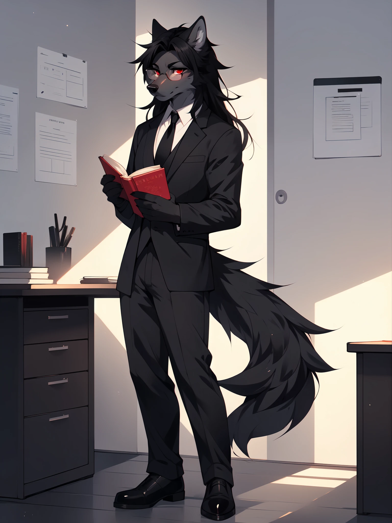 by fumiko, by hyattlen, by hioshiru, Natasha, male dark grey wolf, red eyes, long black hair, cute snout, black nose, wearing black suit and tie, black dress shoes, elegant big glasses, serious face, holding a book, standing in an office,