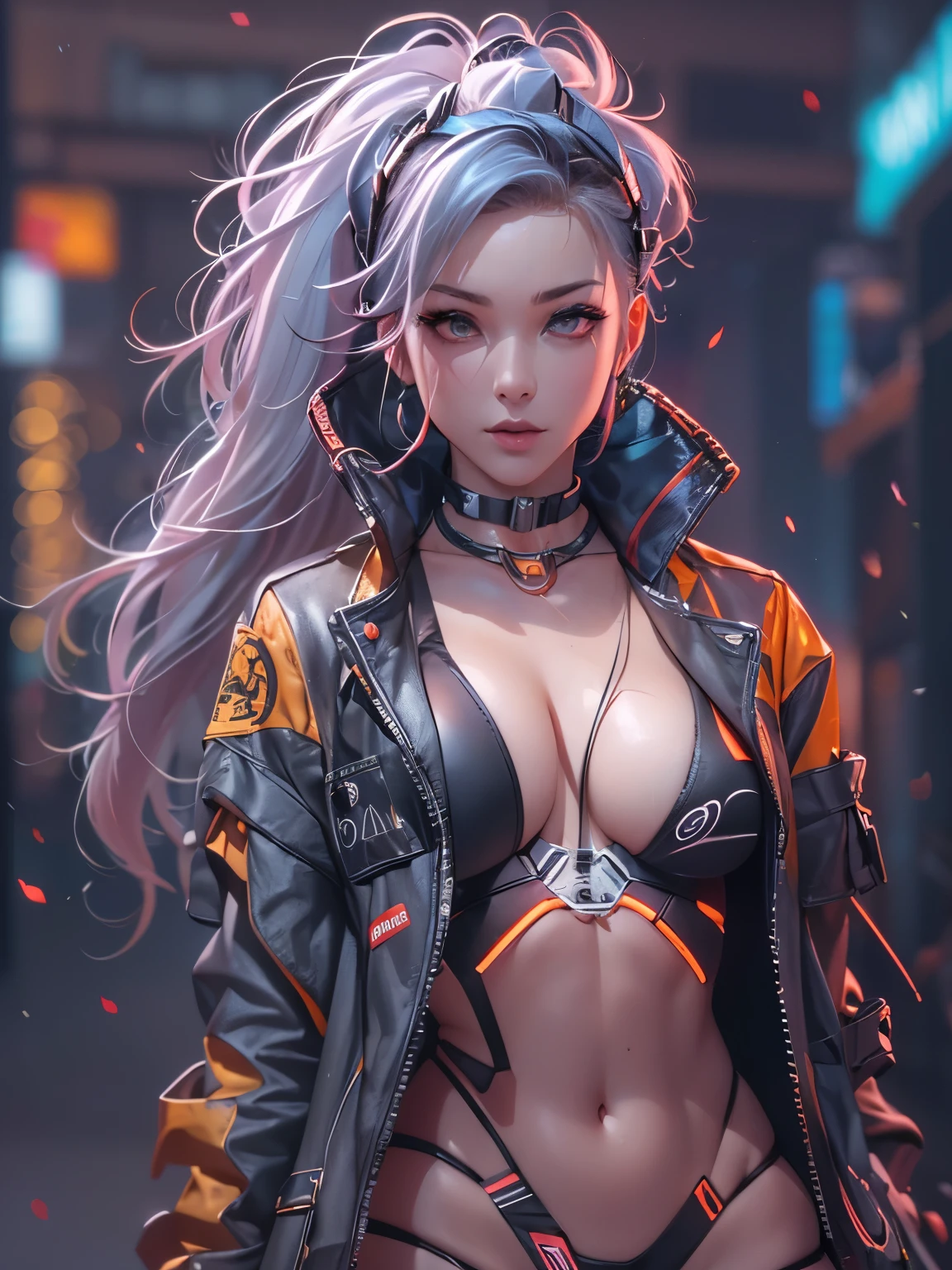 cyberpunk, female, prostitute, revealing clothes, korean,Focus on face and upper body, Must reach to the waist, portrait, ultra high definition, high detail, Factual representation, looking at me, natural standing posture, perfect face, perfect body, Colorful hairstyles, color contrast, 8K