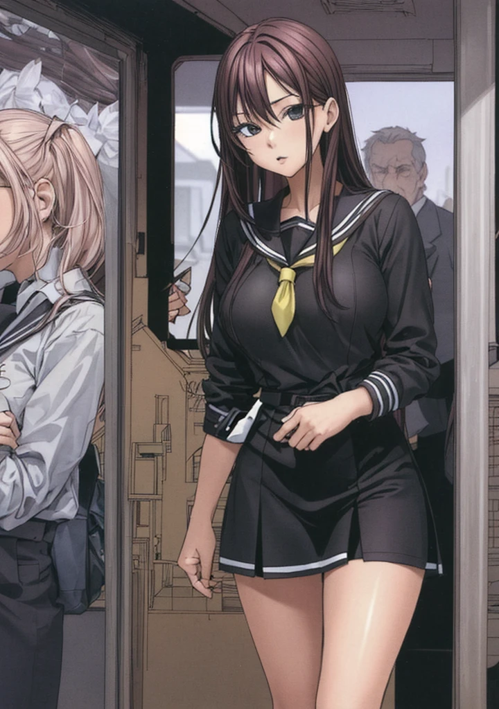 A beautiful woman with shoulder-length hair, big breasts, beautiful legs, and a sharp face is standing in a crowded train with middle-aged men in suits in a black sailor suit.。