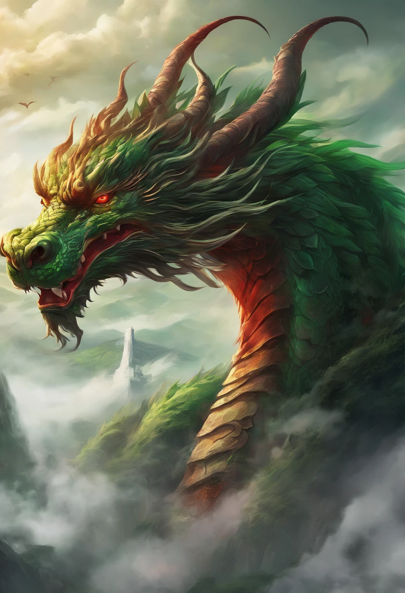 Chinese style,chinese mythology,Chinese Green Dragon,ferocious,Hugeness,Eyes glow red,surrounded by clouds,thick clouds,building, very detailed