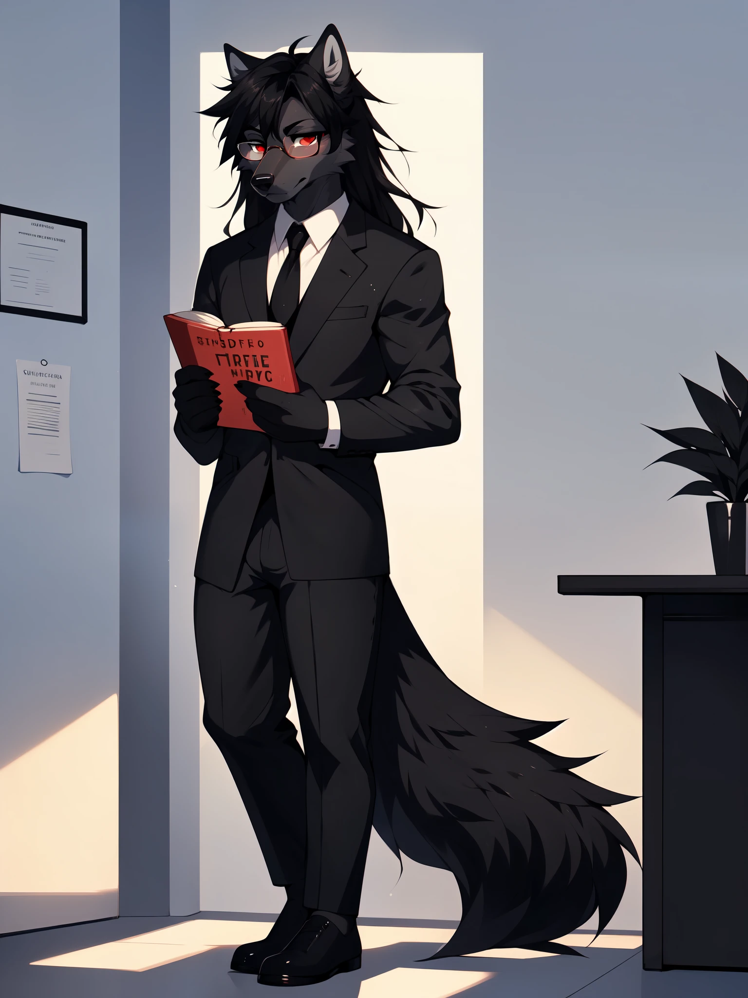 by fumiko, by hyattlen, by hioshiru, Natasha, male dark grey wolf, red eyes, long black hair, cute snout, black nose, wearing black suit and tie, black dress shoes, elegant big glasses, serious face, holding a book, standing in an office,
