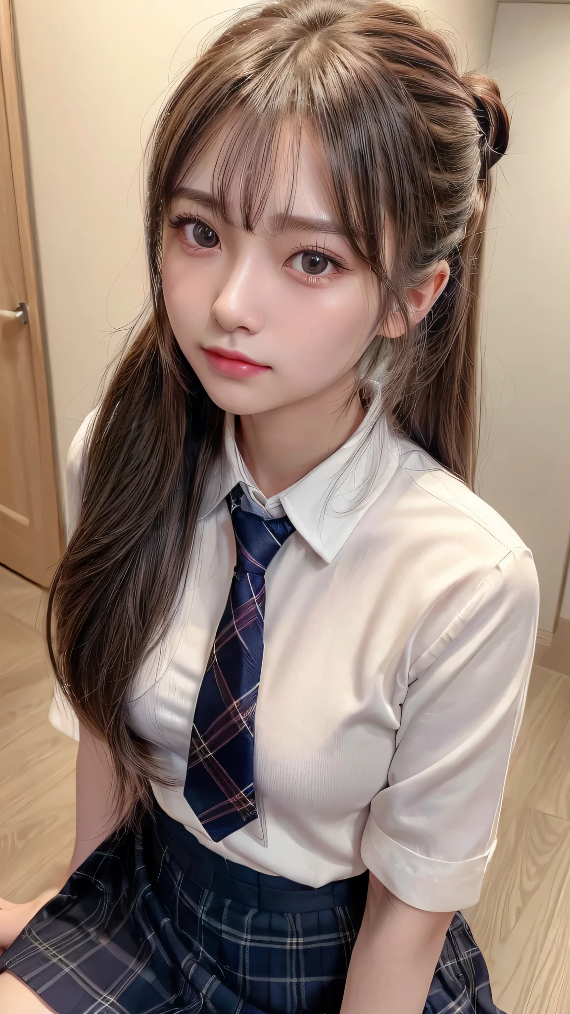 blush,16 years old,long hair ponytail,Hair is kept together,Japanese high school girls&#39; uniforms,Blouse with white collar,Dark blue plaid skirt,Wear a dark blue cardigan,white knee socks,outdoor,chest is small,((8K, Raw photo, best quality, muste piece:1.2), (Reality, photorealistic:1.4), (Highly detailed 8K wallpaper), Depth of bounds written, cinematic lighting, soft light, detailed beauty eye,Shiny and smooth light brown ponytail, asymmetrical bangs, shiny skin, super detailed skin ,high resolution, high detail, detailed hairstyle, detailed beauty face, hyper real, perfect limbs, perfect anatomy ,1 Japanese girl,famous japanese idol, perfect female body,shy smile,short eyelashes,double-edged eyelids,look straight here,Hair style is ponytail,wear a navy blue ribbon tie, long ponytail hairstyle,Stand up straight,So that the whole body can be seen,look straight at me,chest is small,Image of the angle from below