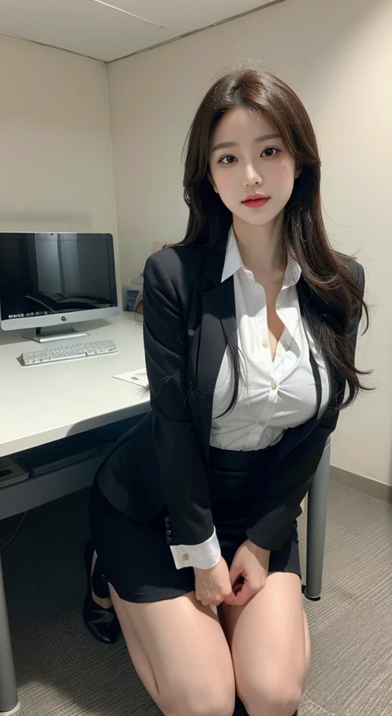 (masterpiece), ((best quality)), (masterpiece,best quality,official art,Extremely detailed CG unified 8k wallpaper),, a lady，alone,Elegant upper class elite secretary wearing business shirt,perfect appearance，Double eyelid eye makeup， working in an office,Wearing a smart business suit, open clothes,Girl in shirt, wearing a suit,(((huge :1.2))),Violence,, Wear a shirt and skirt, Woman in a suit, business attire，Computer chair，kneeling to sitting on the ground,Loyal female secretary，absolute obedience，Wait for the command