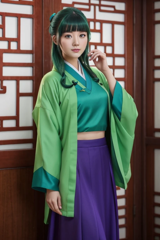 Highest quality, 8ก, very detailed, Virtual image, 1 girl, All in all, Chinese style kimono, green jacket, purple long skirt, blue eyes, a green hair
